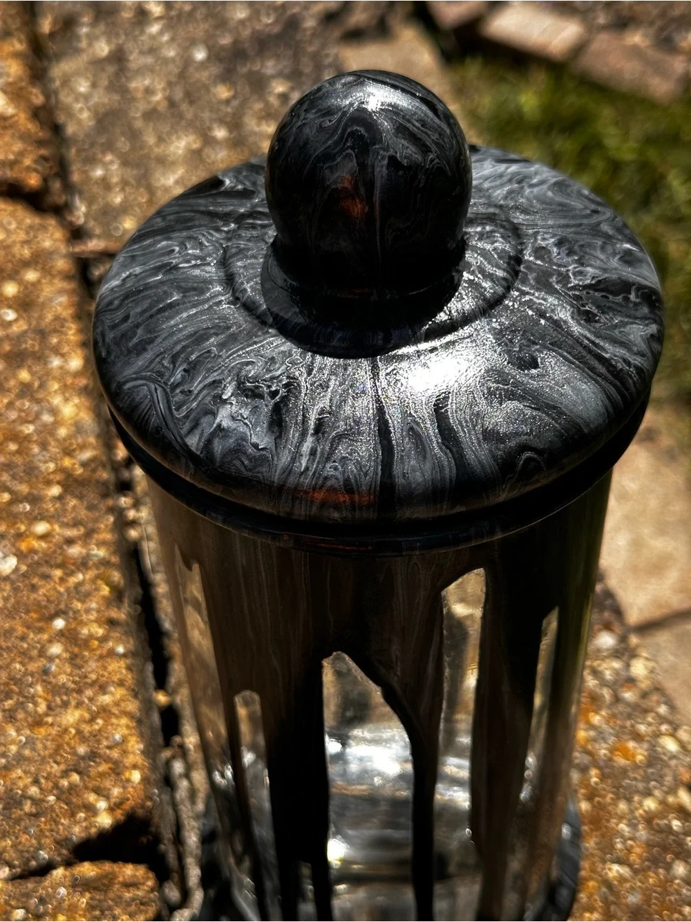 Hand crafted Black and silver Marble Effect glass Canister with Lid